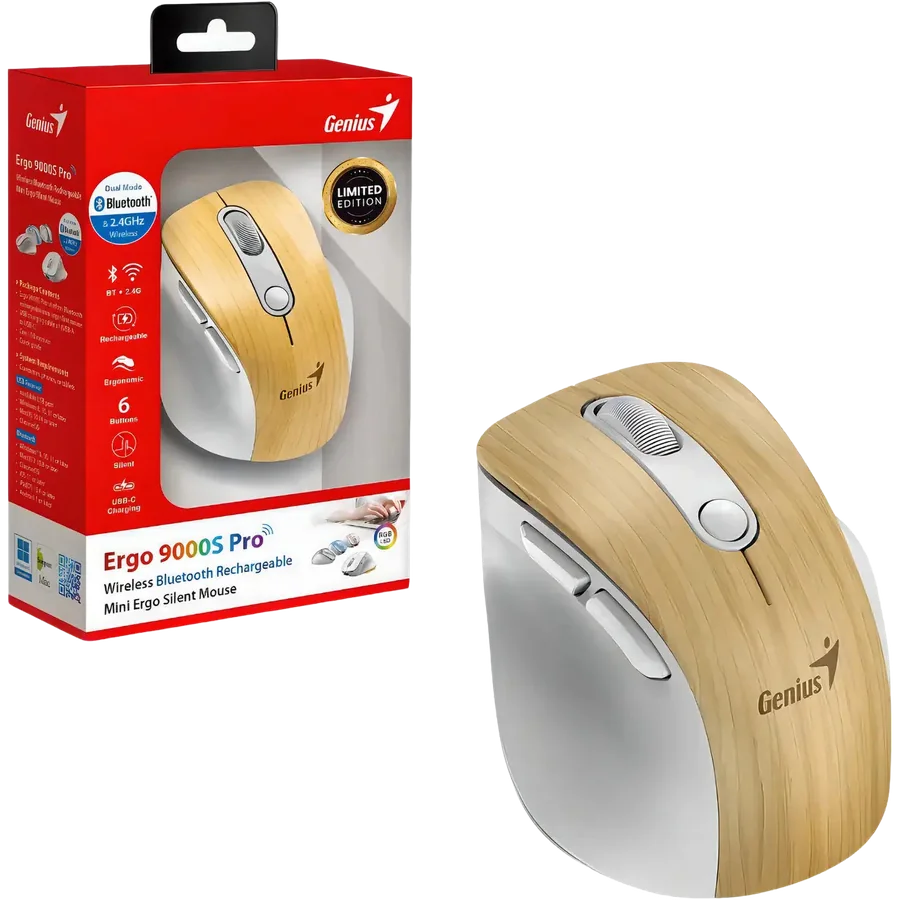 Mouse Genius Ergo 9000S Pro 2.4GHZ BT Madera